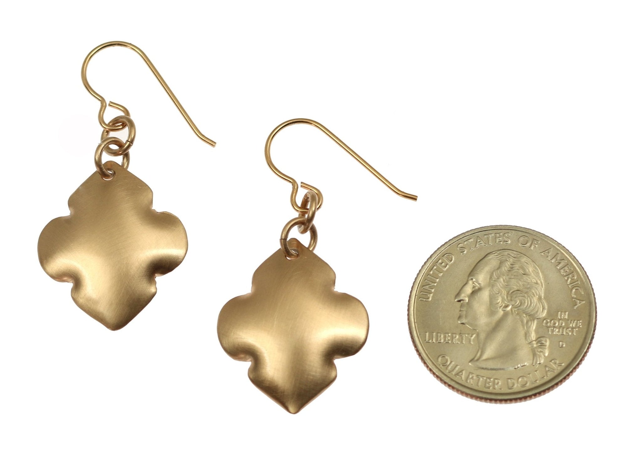 Size of Brushed Bronze Quatrefoil Drop Earrings compared to a US Quarter Coin