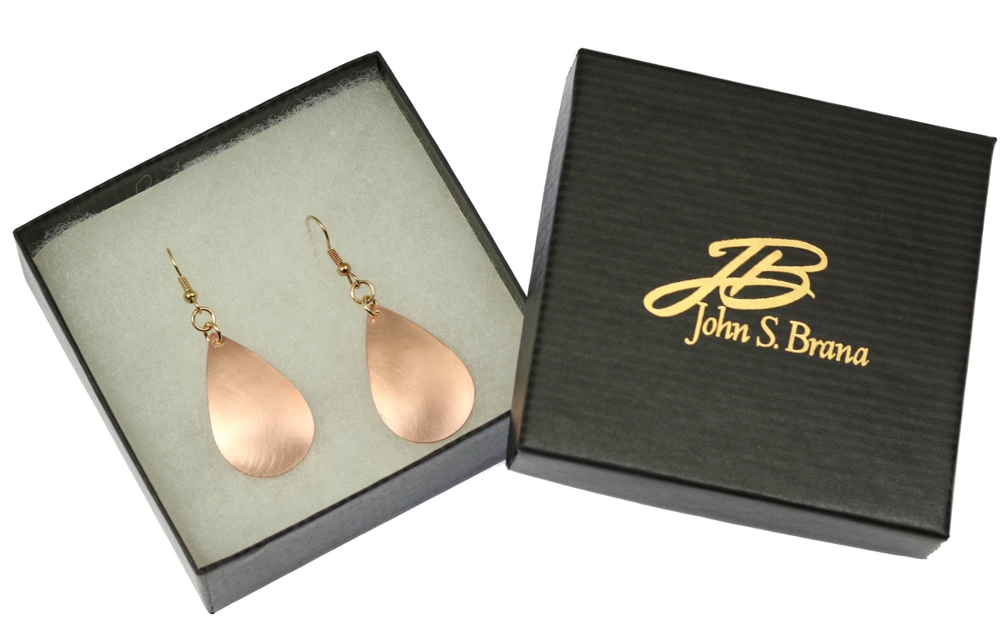 Brushed Copper Teardrop Earrings in Black Gift Box