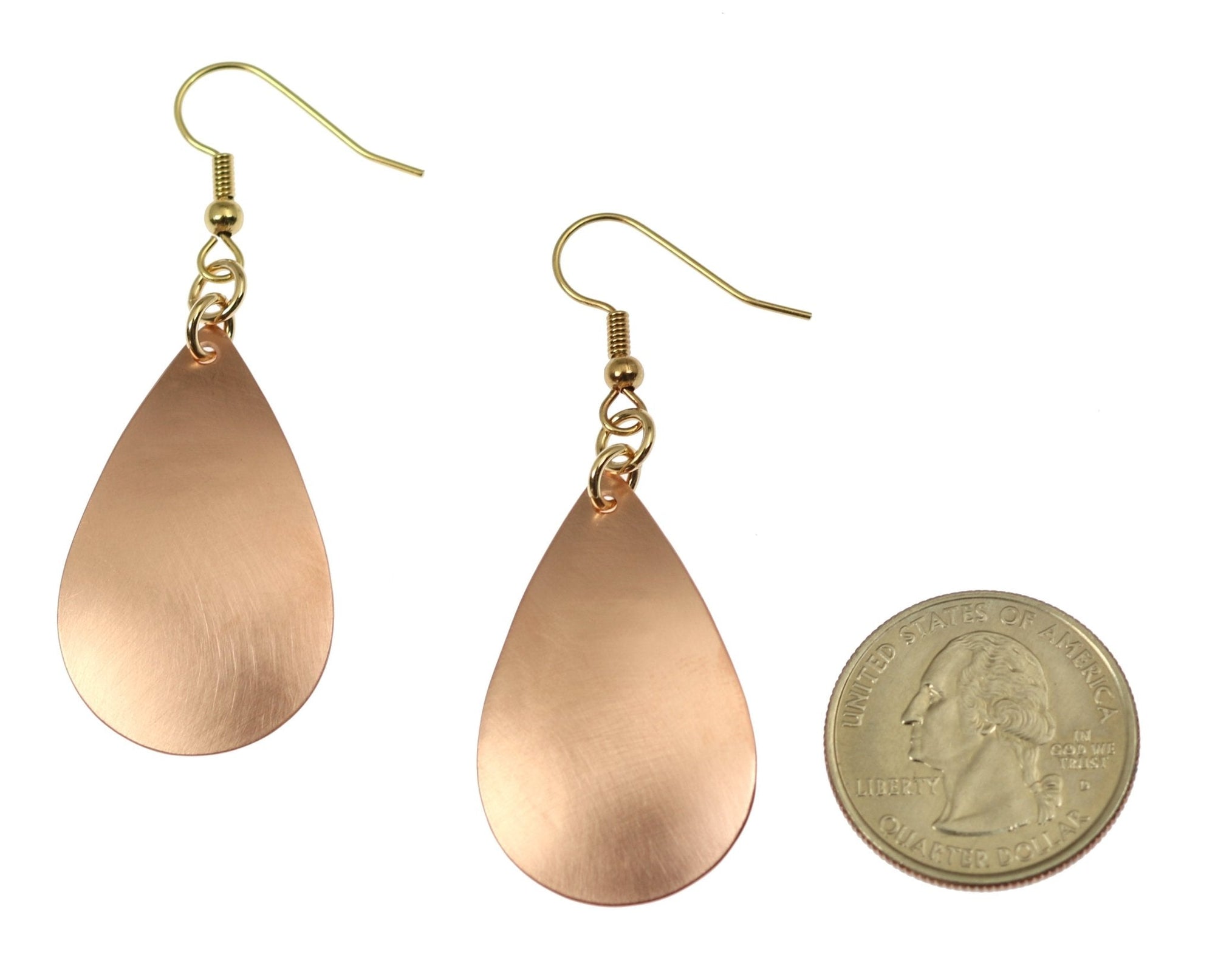 Size of Brushed Copper Teardrop Earrings compared to a US Quarter Coin