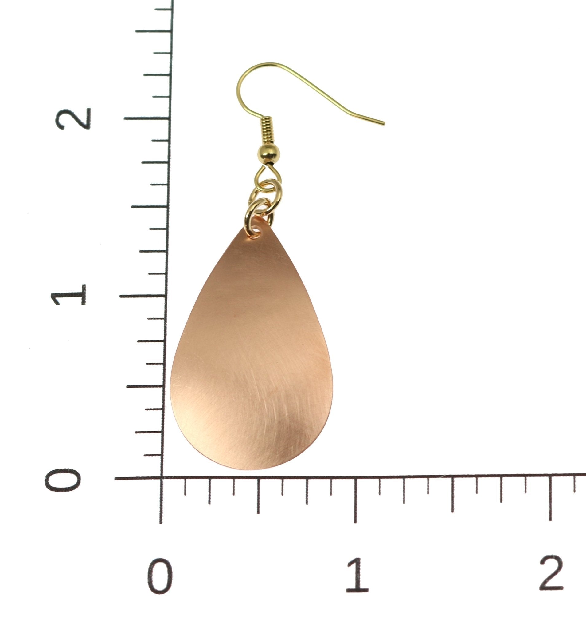 Scale of Brushed Copper Teardrop Earrings on Ruler for Size Dimensions