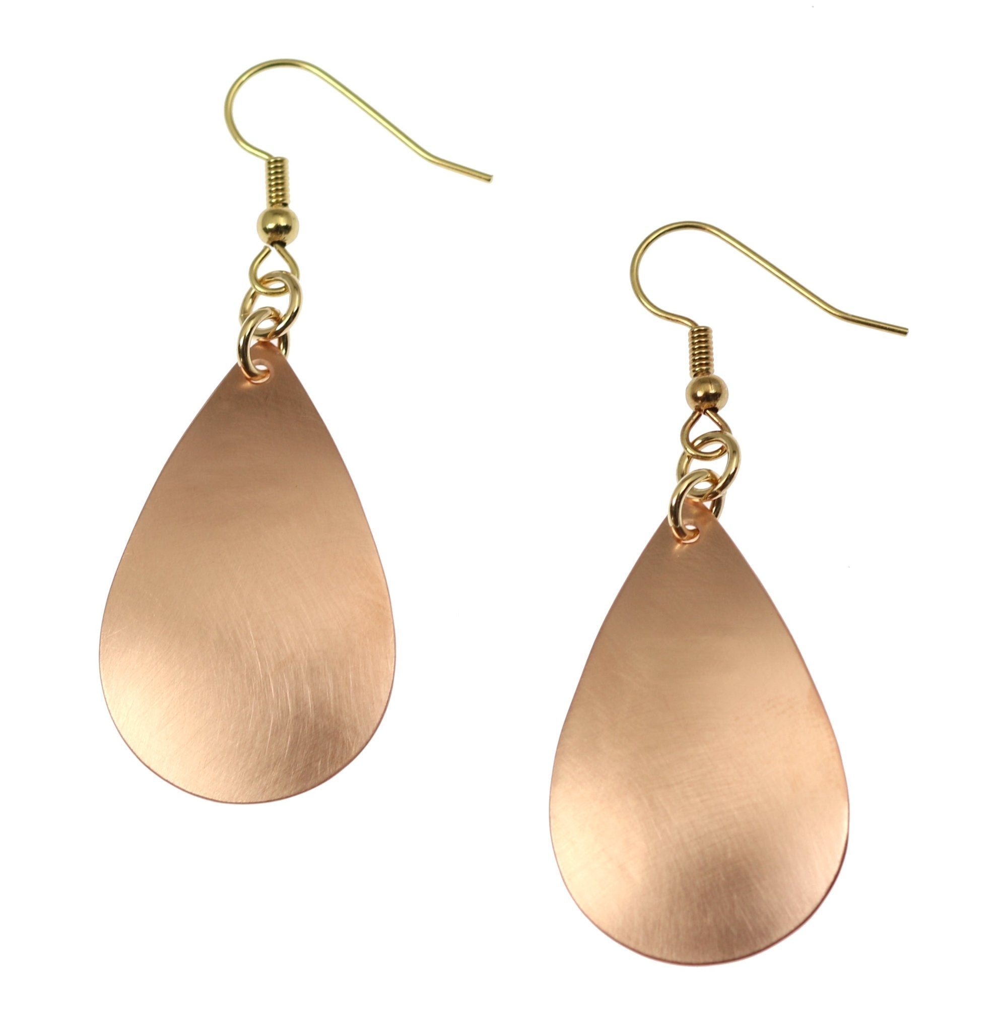 A  Pair of Brushed Copper Teardrop Earrings on a White Background