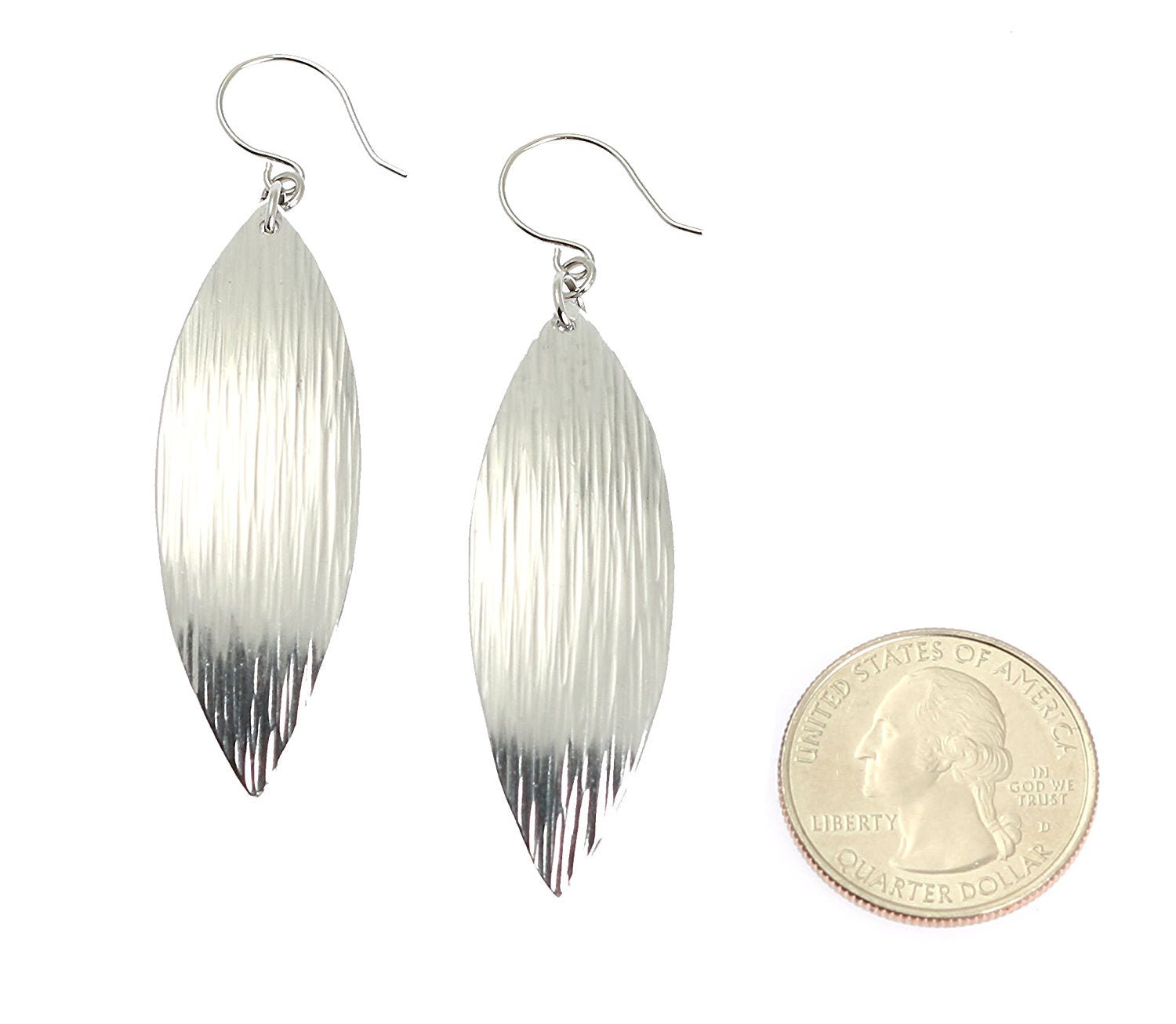 Size of Chased Aluminum Leaf Drop Earrings compared to a US Quarter Coin