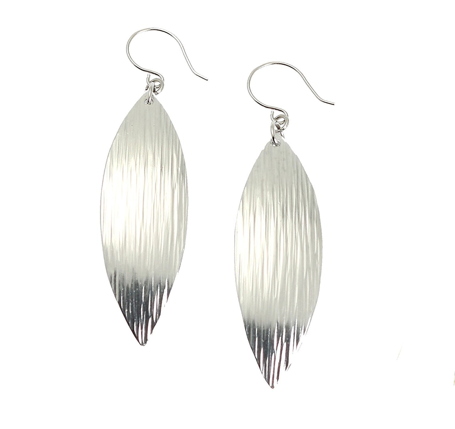 A Pair of Chased Aluminum Leaf Drop Earrings on a White Background