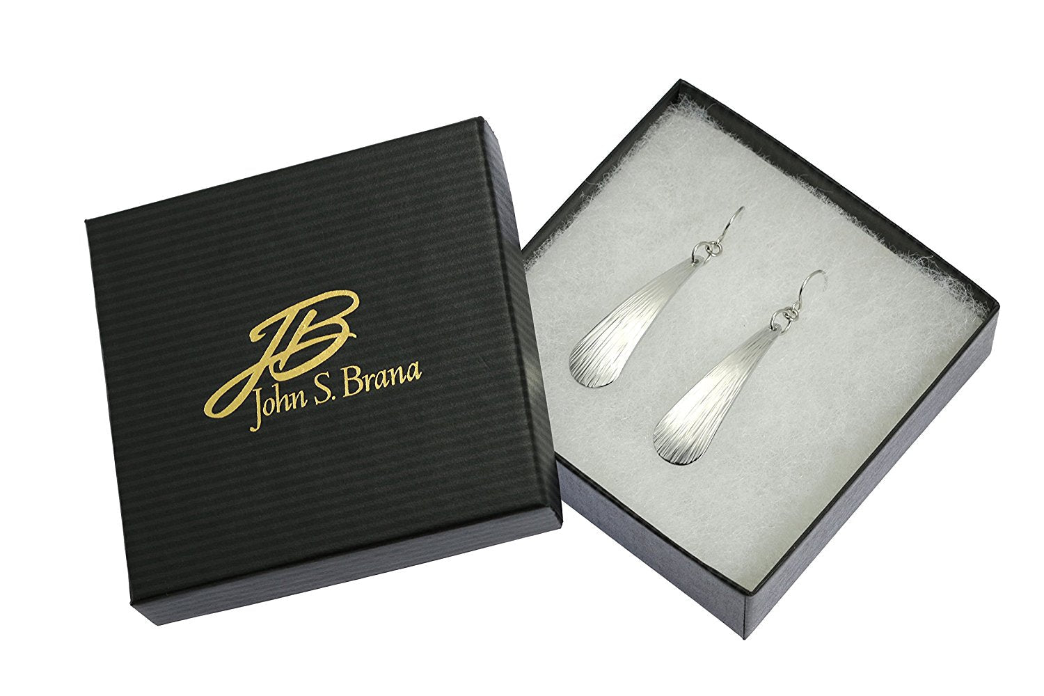 Chased Aluminum Long Teardrop Earrings in a Black Gift Box with Gold Logo