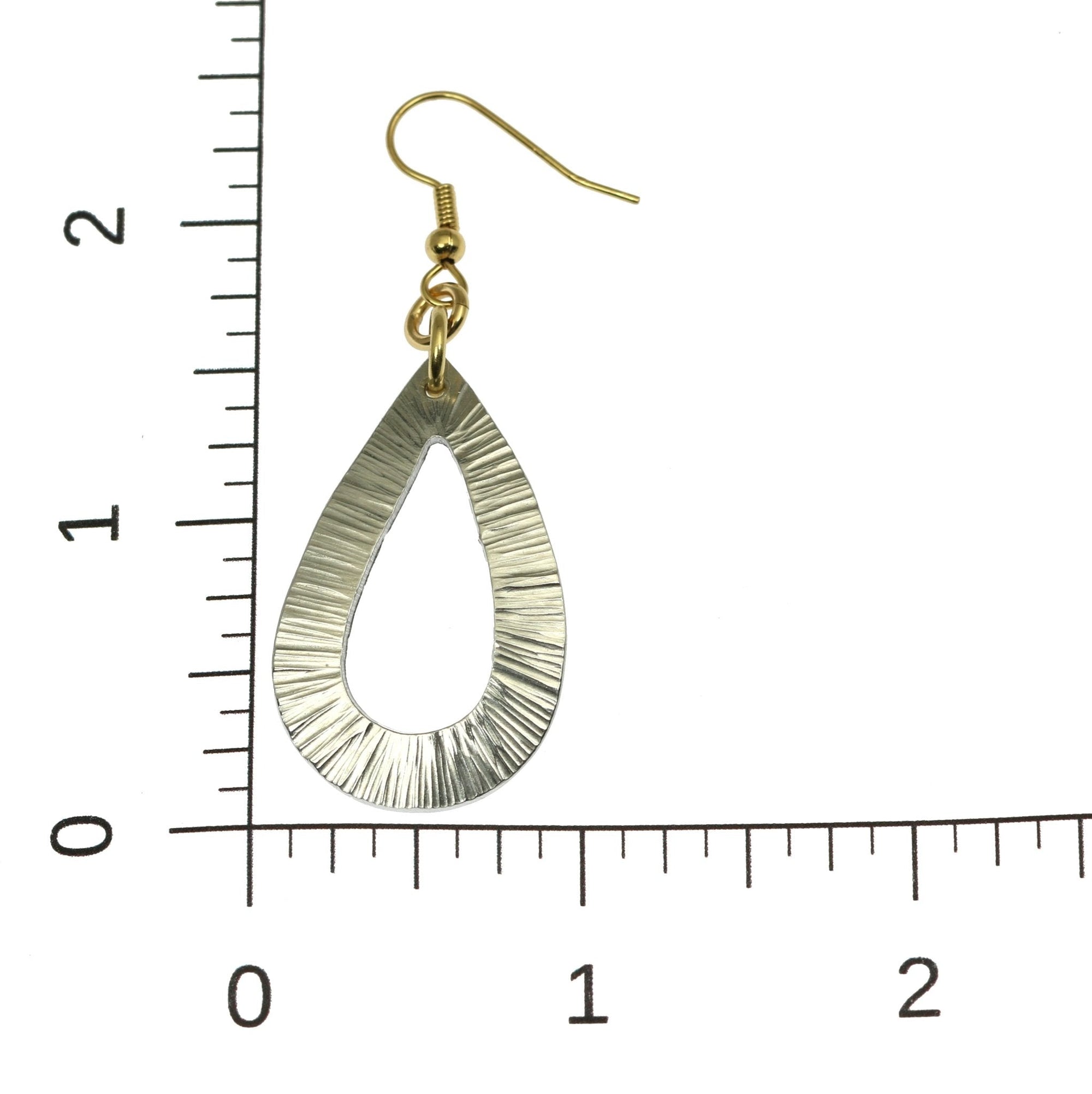 Scale of Chased Aluminum Open Teardrop Earrings on a Ruler for Size Dimensions