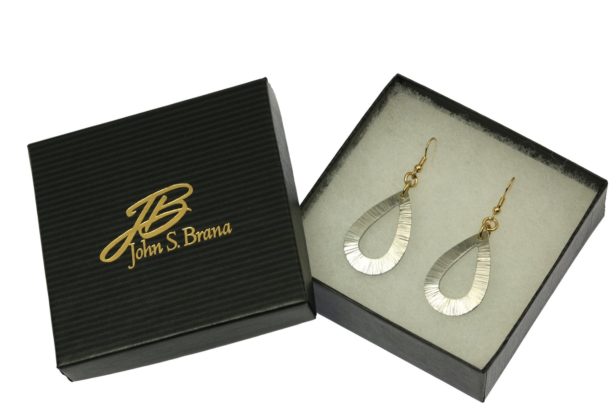 Chased Aluminum Open Teardrop Earrings in Black Gift Box