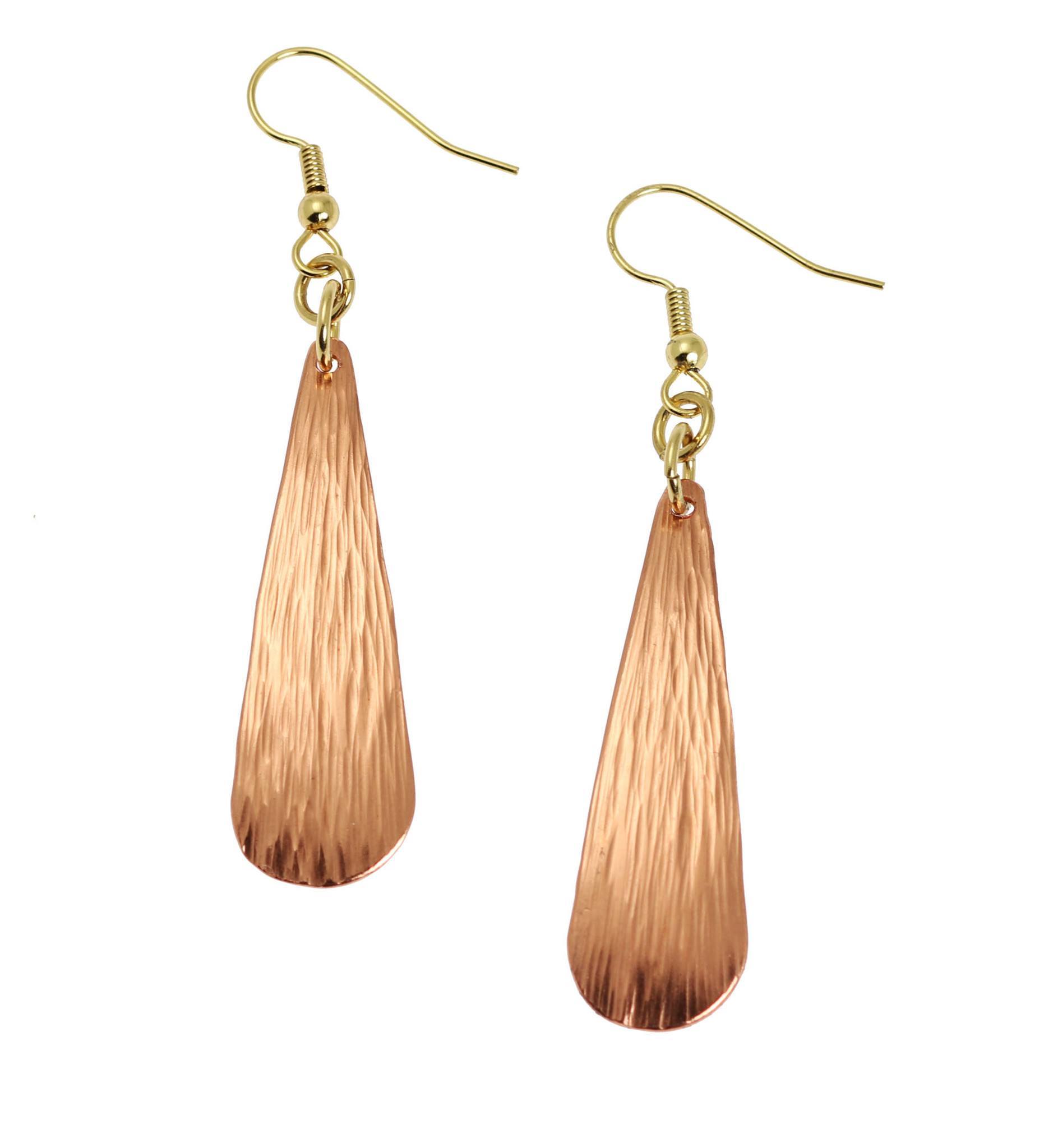 A Pair of Chased Copper Long Teardrop Earrings on a White Background