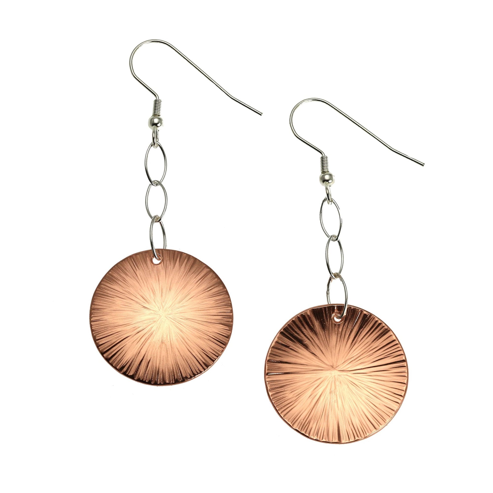 Detail View of Chased Disc Copper Dangle Earrings
