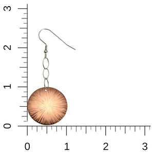 4 of 5: Scale of Chased Disc Copper Dangle Earrings on Ruler for Size Dimensions