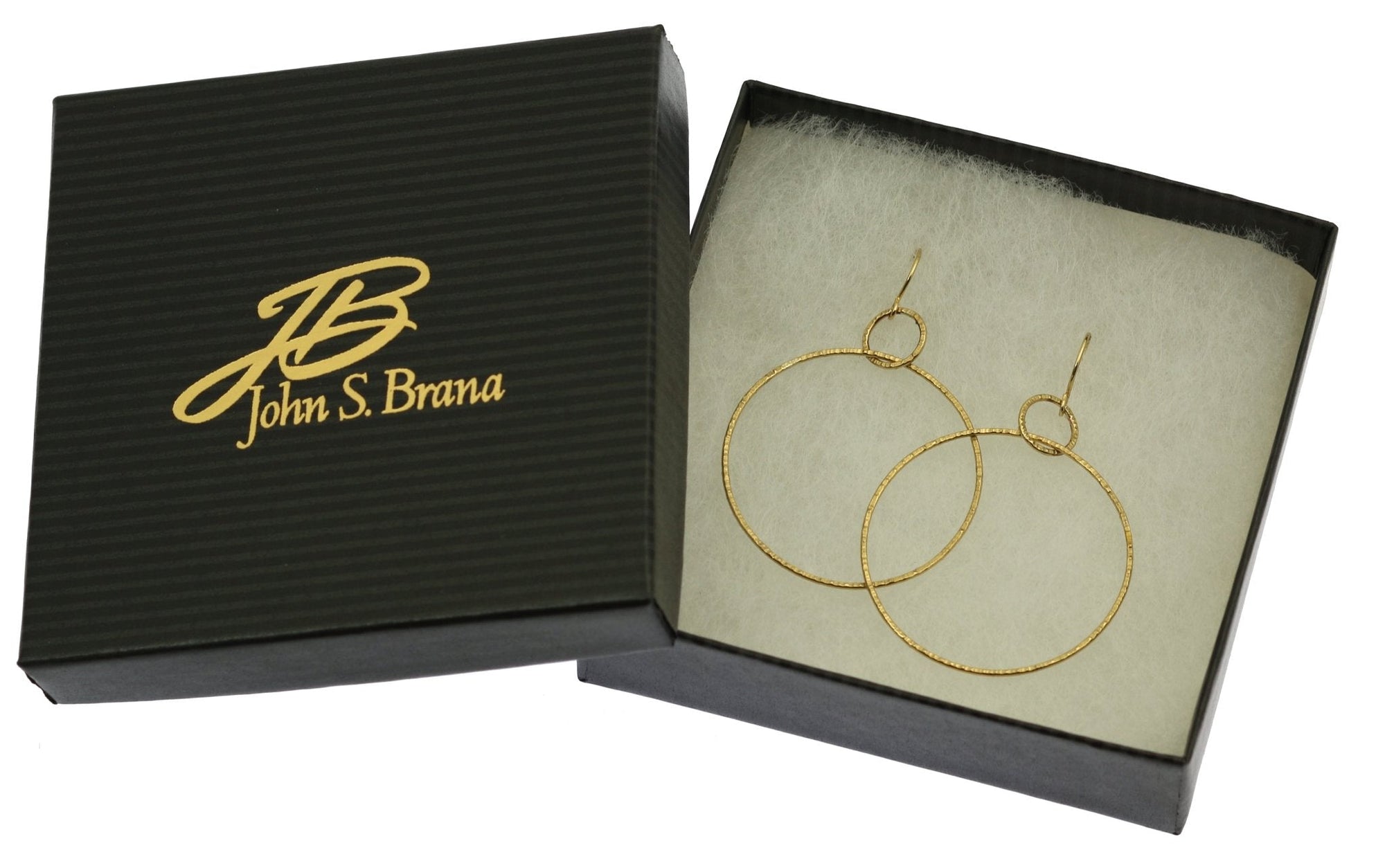 Chased Nu Gold Brass Hoop Earrings in Black Gift Box