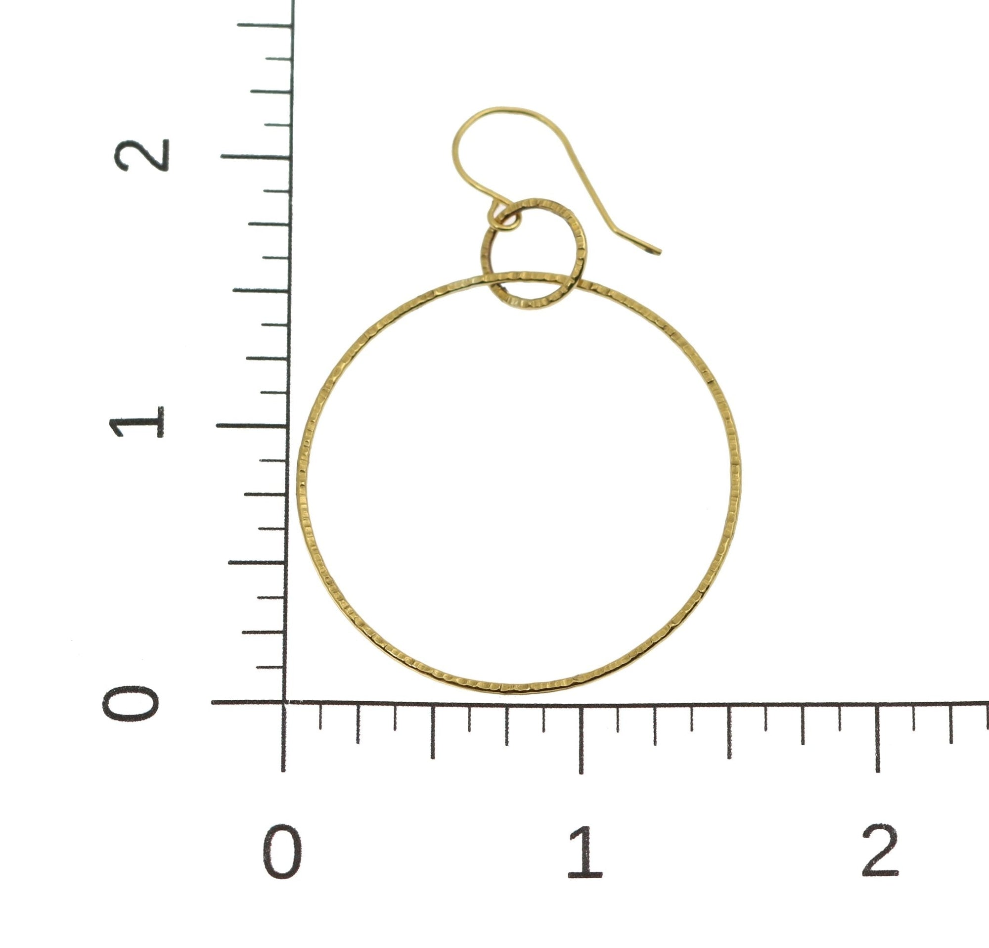 Scale of Chased Nu Gold Brass Hoop Earrings on a Ruler for Size Dimensions