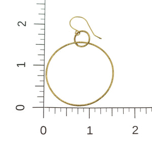 3 of 5: Scale of Chased Nu Gold Brass Hoop Earrings on a Ruler for Size Dimensions