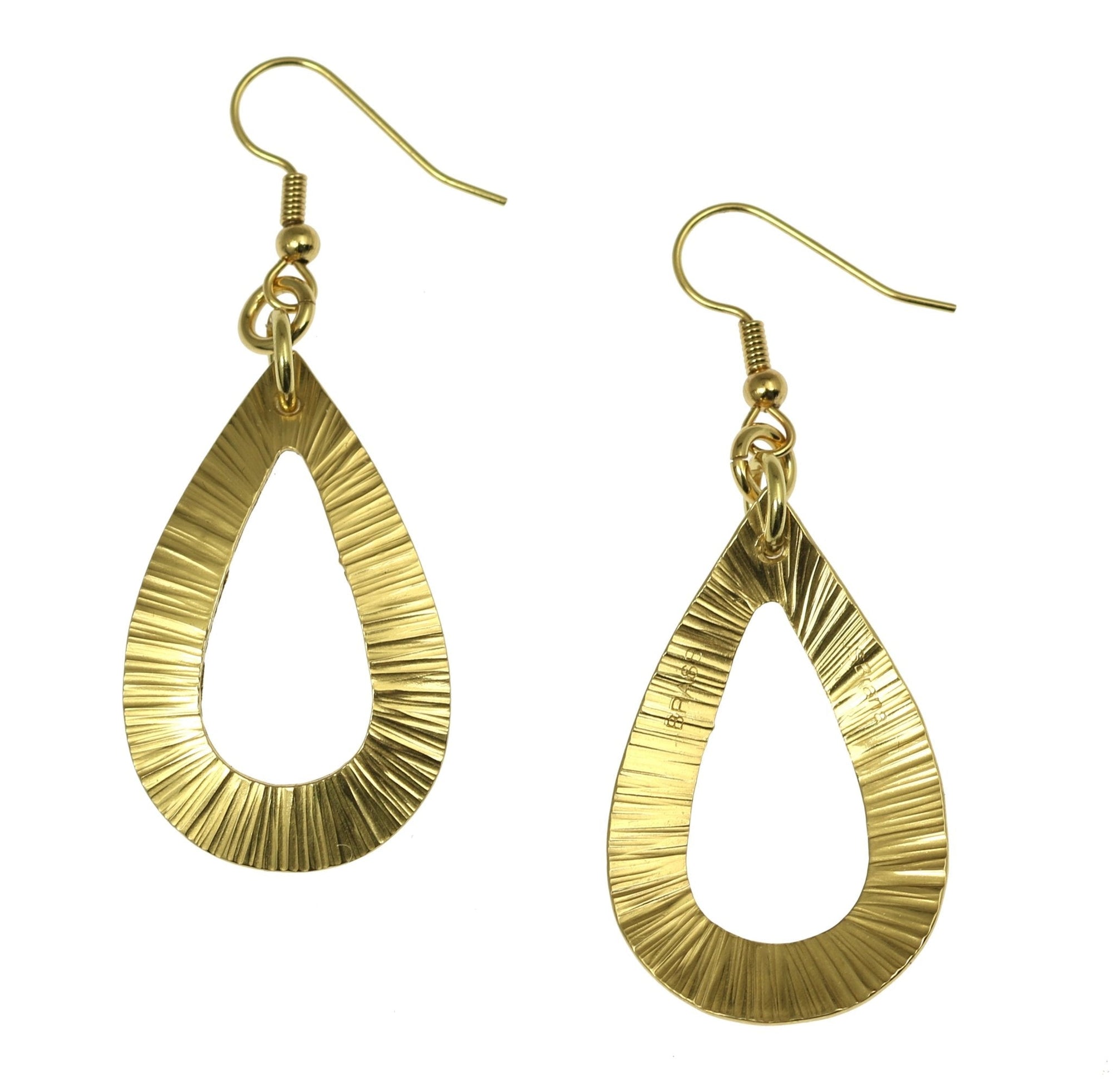 Front and Back Views of Chased Nu Gold Brass Open Teardrop Earrings