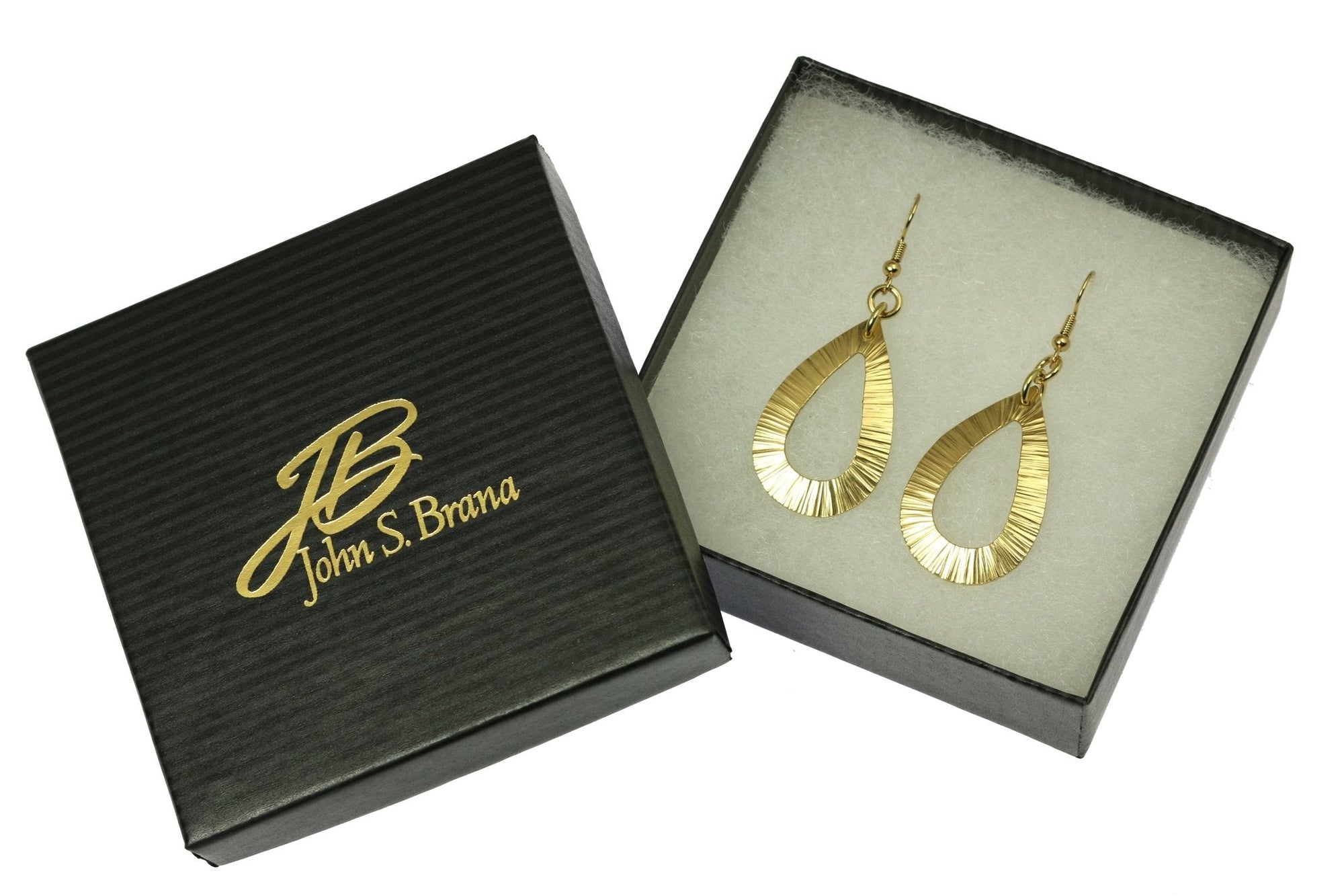 Chased Nu Gold Brass Open Teardrop Earrings in Gift Box