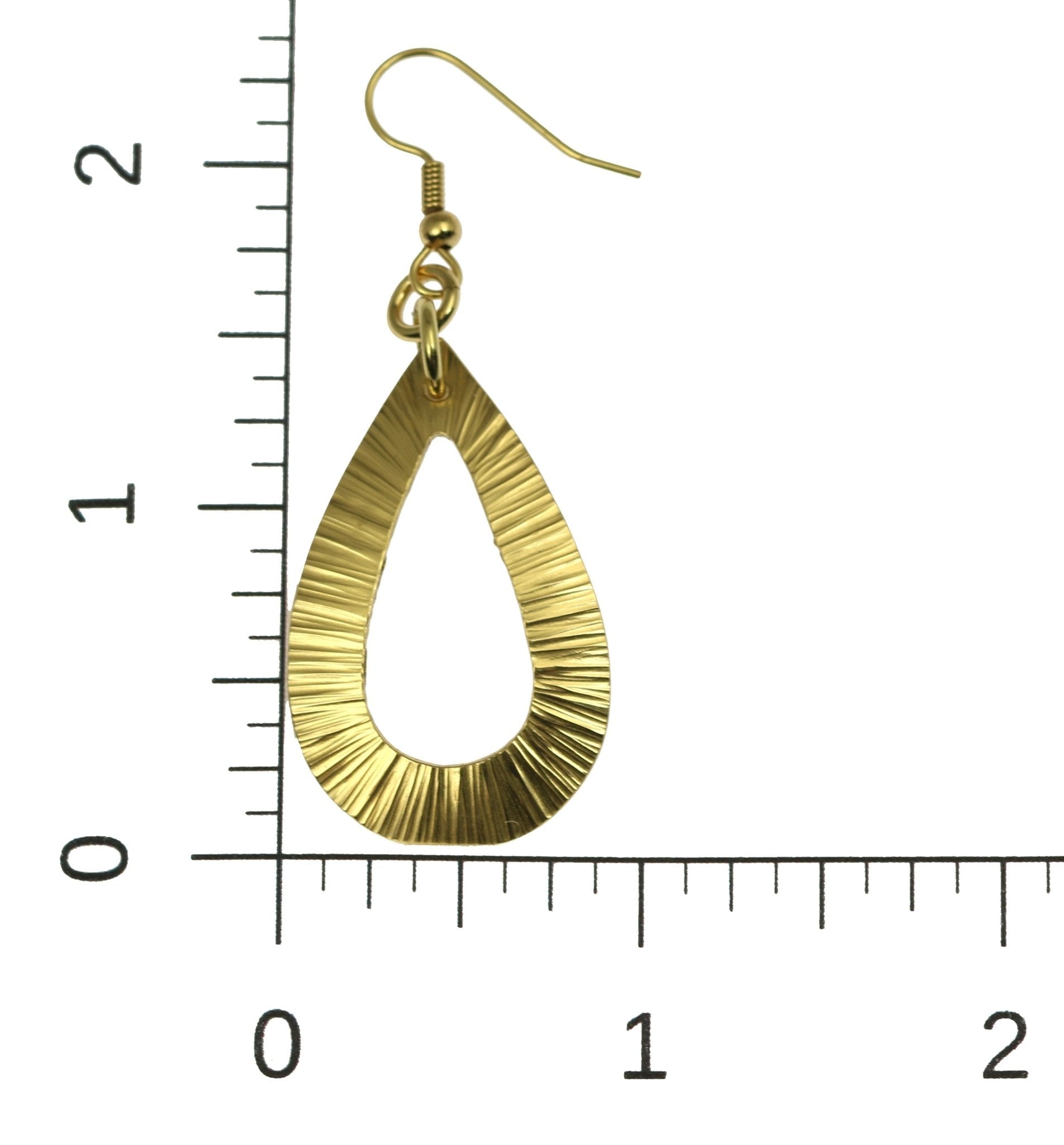 Scale of Chased Nu Gold Brass Open Teardrop Earrings on a Ruler for Size Dimensions