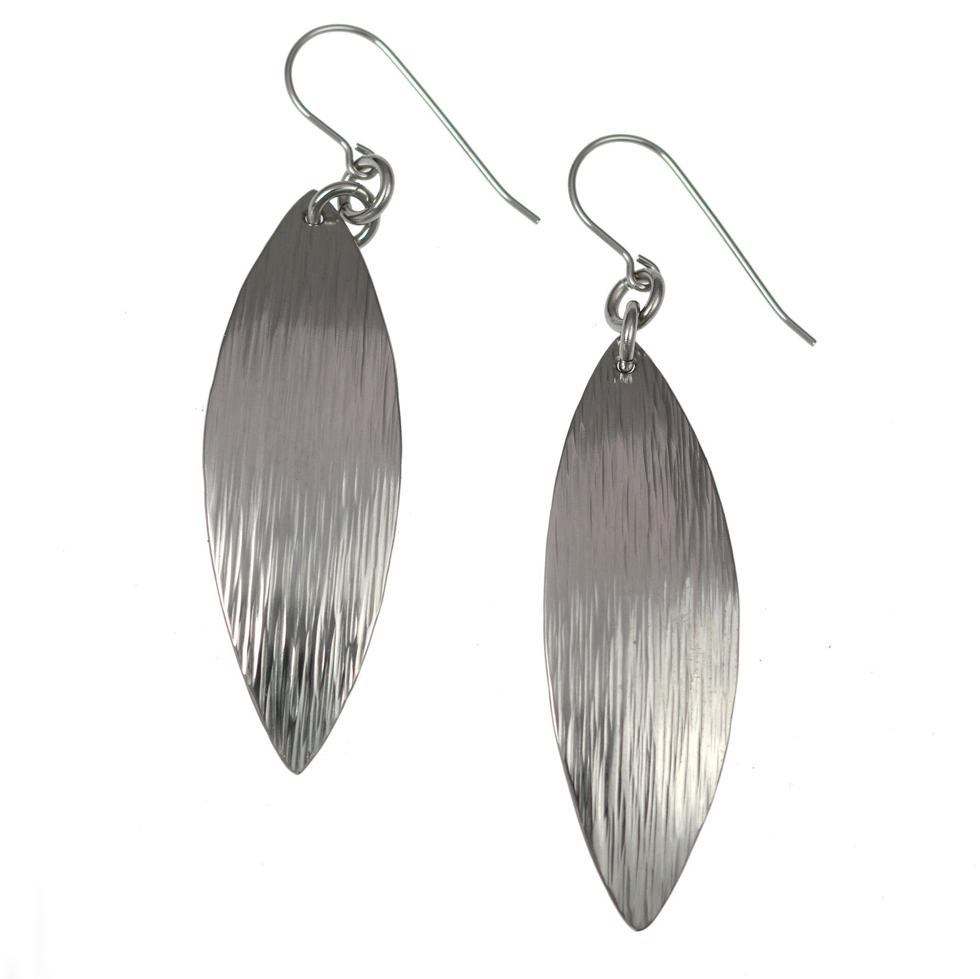 A Pair of Chased Stainless Steel Leaf Drop Earrings on a White Background