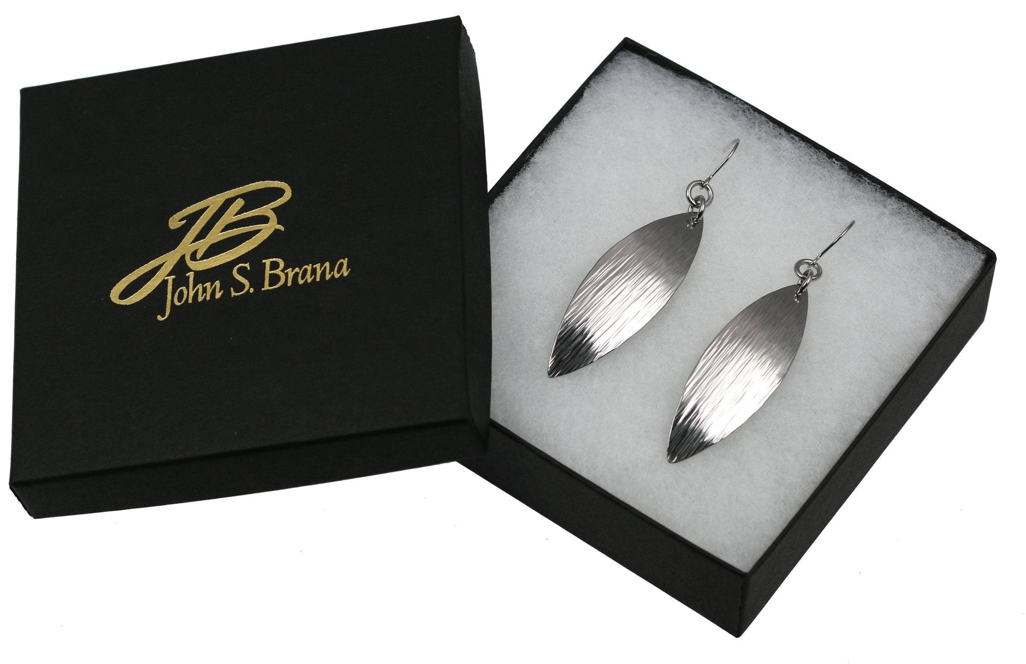Gift Boxed Chased Stainless Steel Leaf Drop Earrings