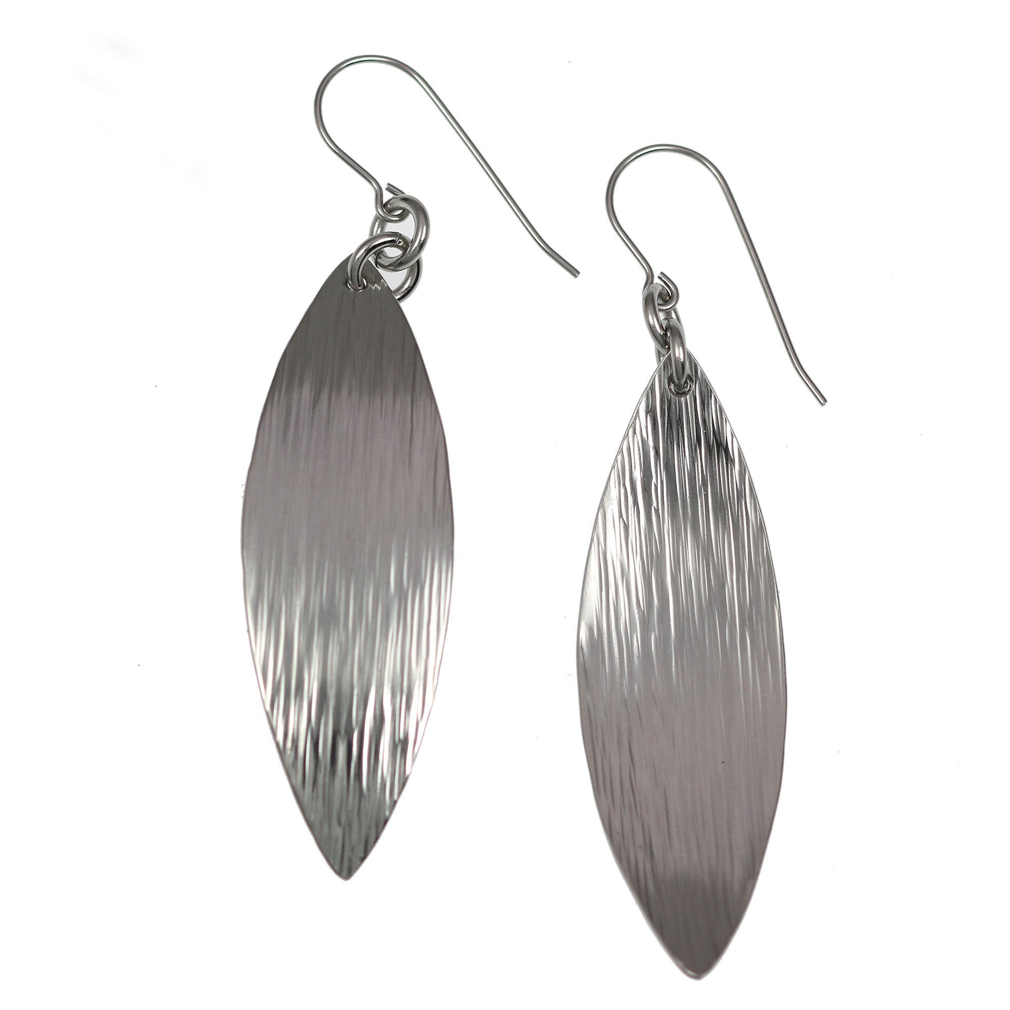 Detail View of Chased Stainless Steel Leaf Drop Earrings