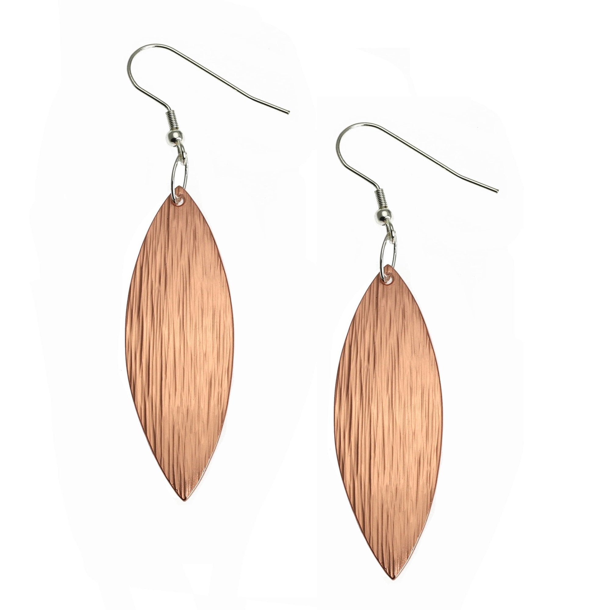 A Pair of Copper Bark Leaf Drop Earrings on a White Background