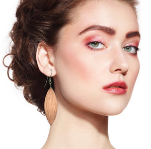 2 of 6: Copper Bark Leaf Drop Earrings on Female Model