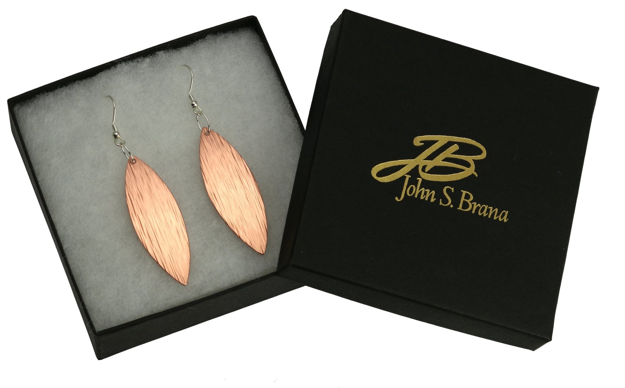 Copper Bark Leaf Drop Earrings in Black Gift Box