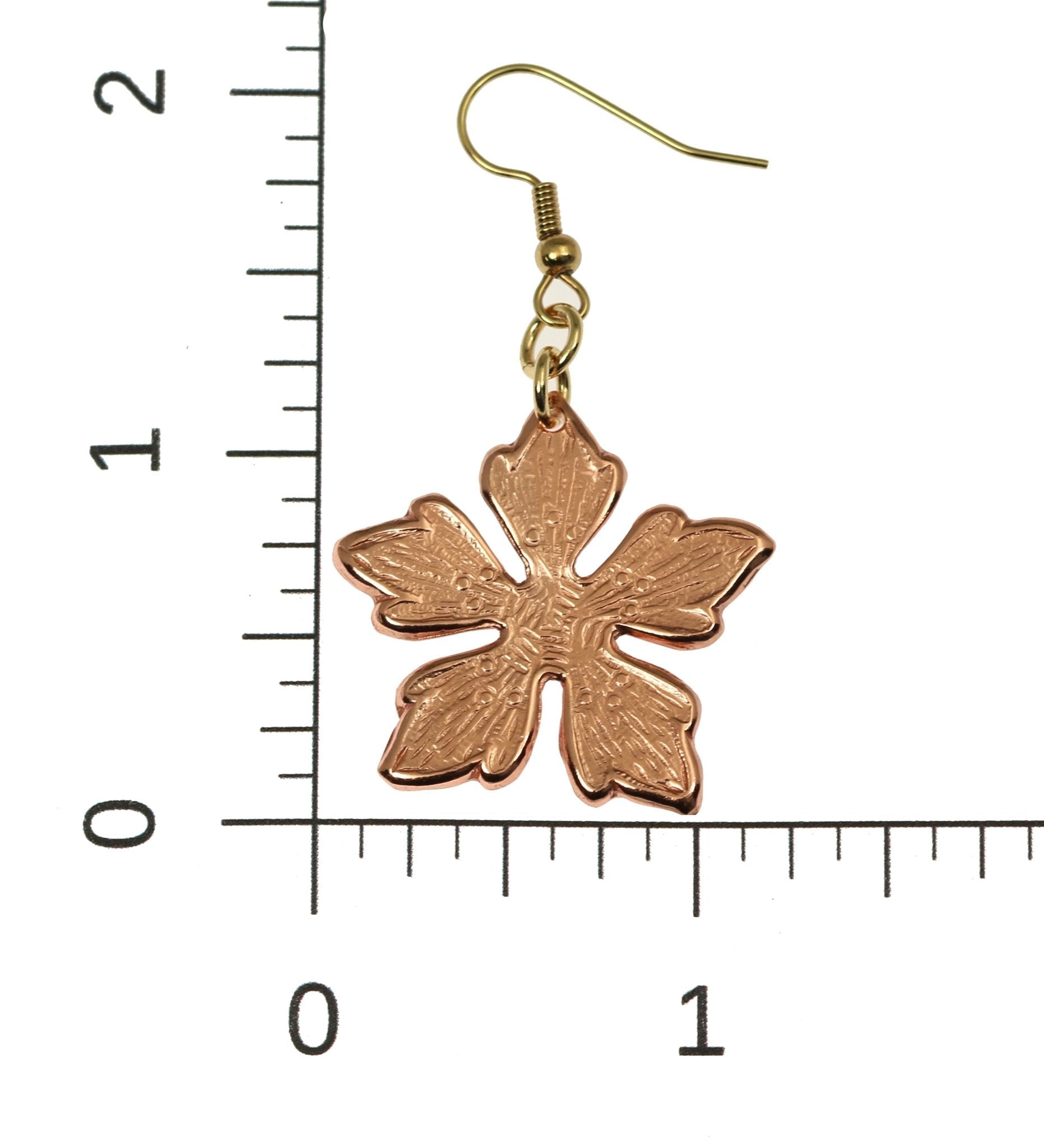 Scale of Copper Buttercup Flower Earrings on a Ruler for Size Dimensions