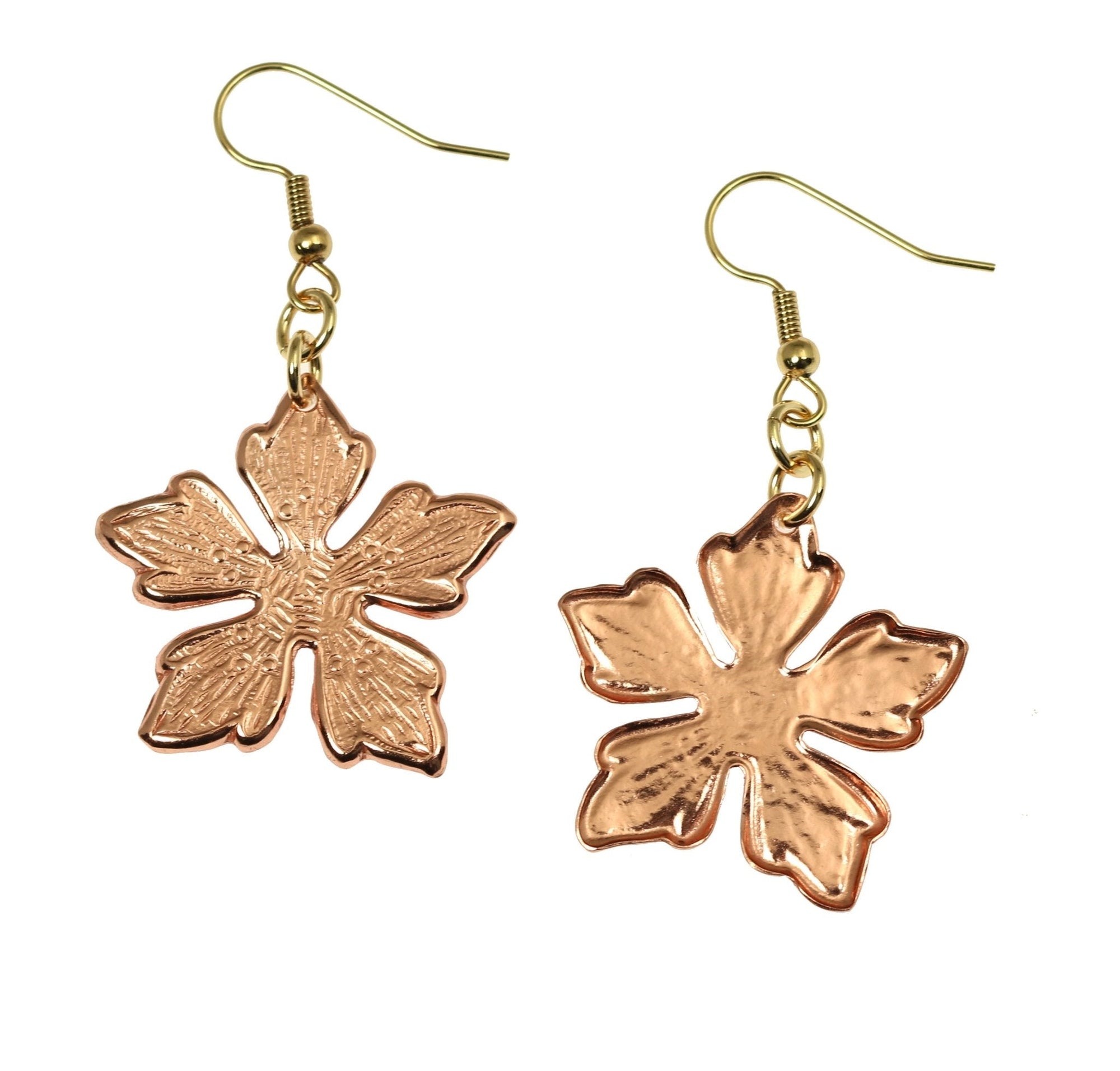 Front and Back Views of Copper Buttercup Flower Earrings