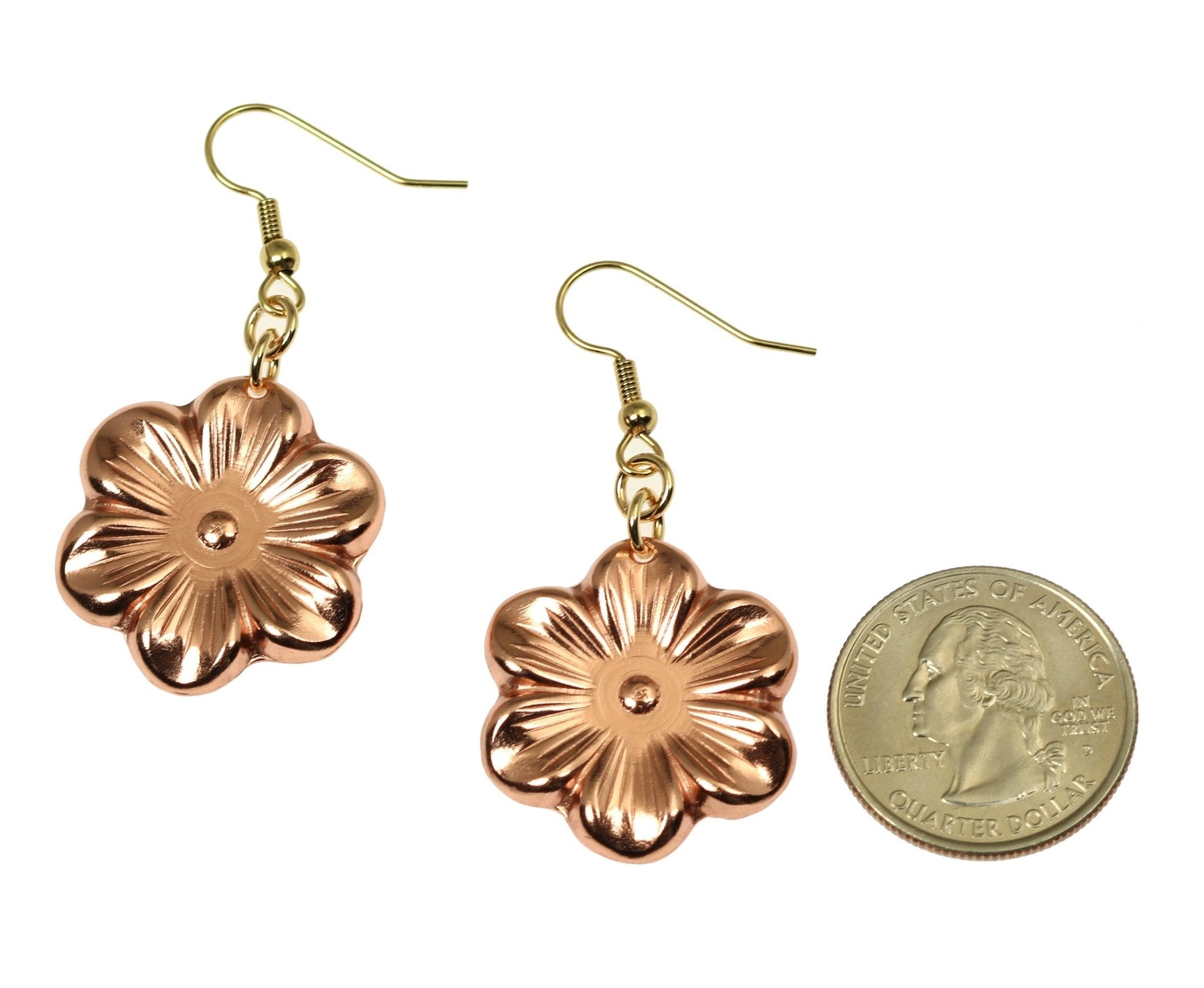 Size of Copper Cherry Blossom Flower Earrings compared to a US Quarter Coin