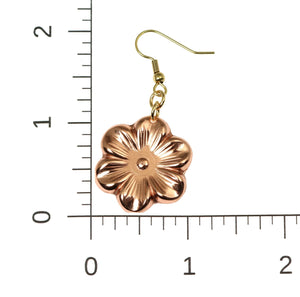 6 of 8: Scale of Copper Cherry Blossom Flower Earrings on a Ruler for Size Dimensions