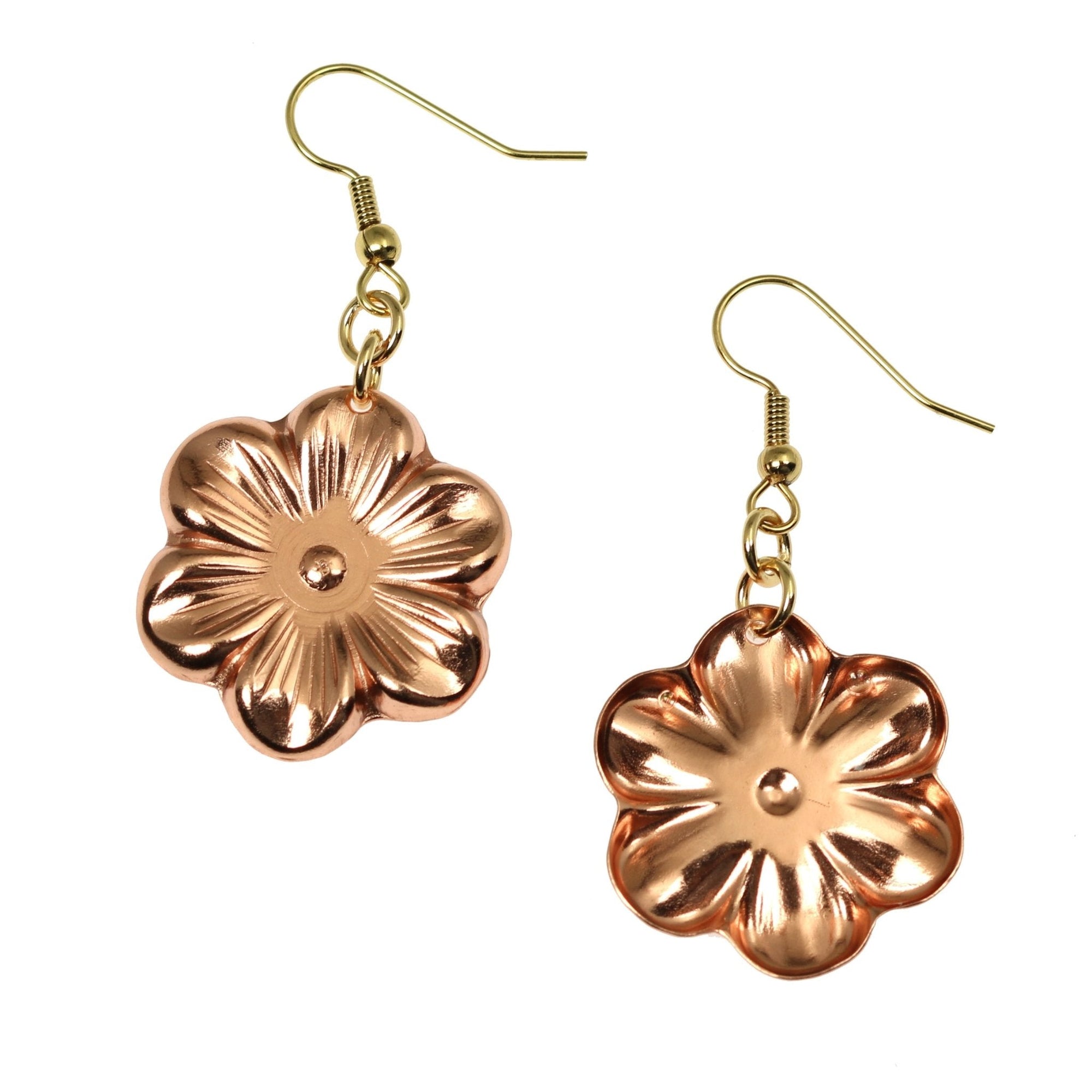 Front and Back Views of Copper Cherry Blossom Flower Earrings