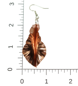 5 of 9: Scale of Copper Fold Formed Leaf Dangle Earrings on a Ruler for Size Dimensions
