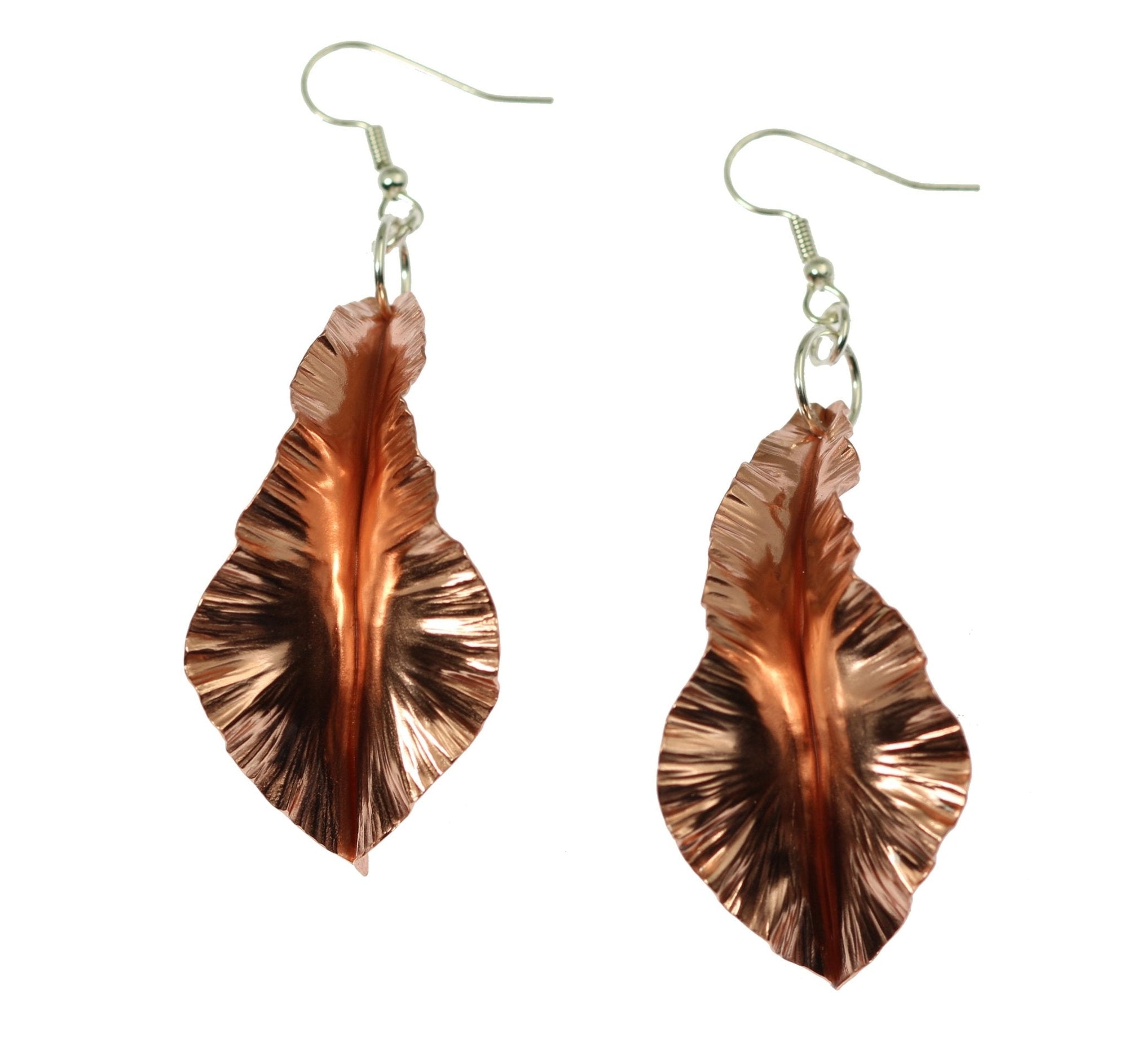 Front View of Copper Fold Formed Leaf Dangle Earrings