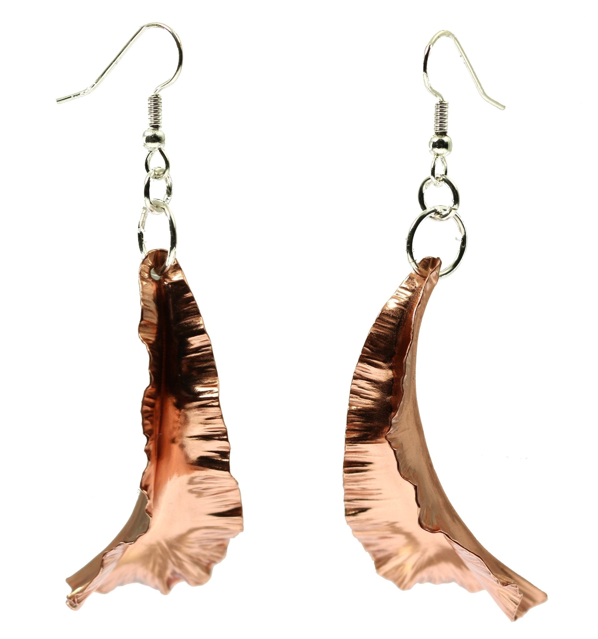 Copper Fold Formed Leaf Dangle Earrings Hanging View