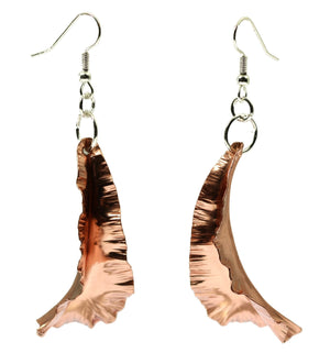 8 of 9: Copper Fold Formed Leaf Dangle Earrings Hanging View