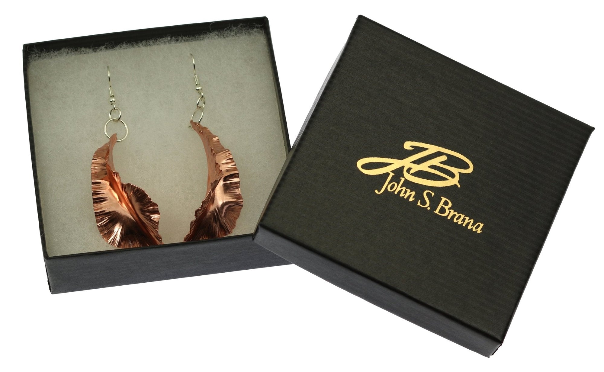 Copper Fold Formed Leaf Dangle Earrings in Black Gift Box
