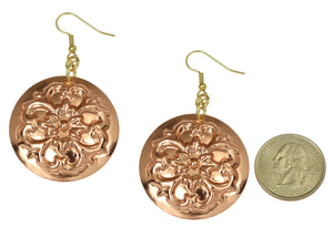 2 of 6: Size of Copper Forget Me Not Disc Earrings compared to a US Quarter Coin