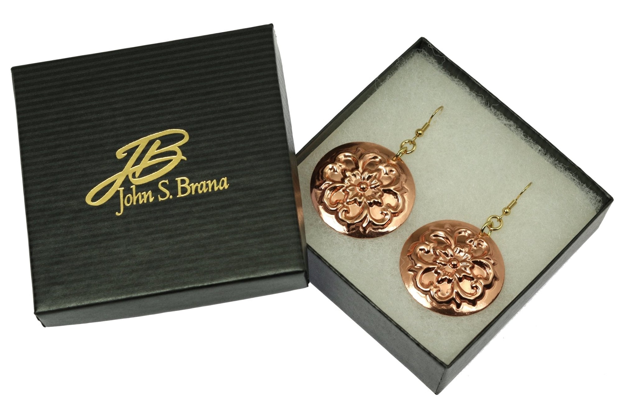 Copper Forget Me Not Disc Earrings in Black Gift Box