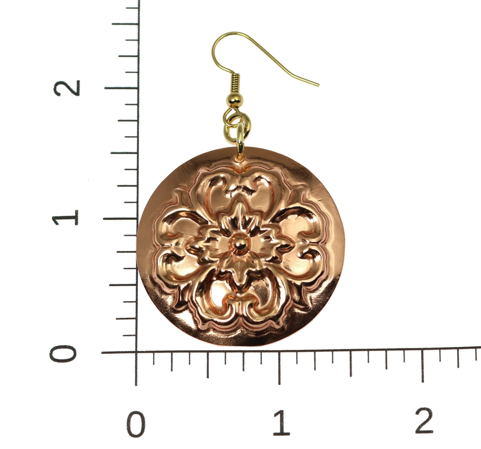 Scale of Copper Forget Me Not Disc Earrings on a Ruler for Size Dimensions