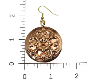 3 of 6: Scale of Copper Forget Me Not Disc Earrings on a Ruler for Size Dimensions