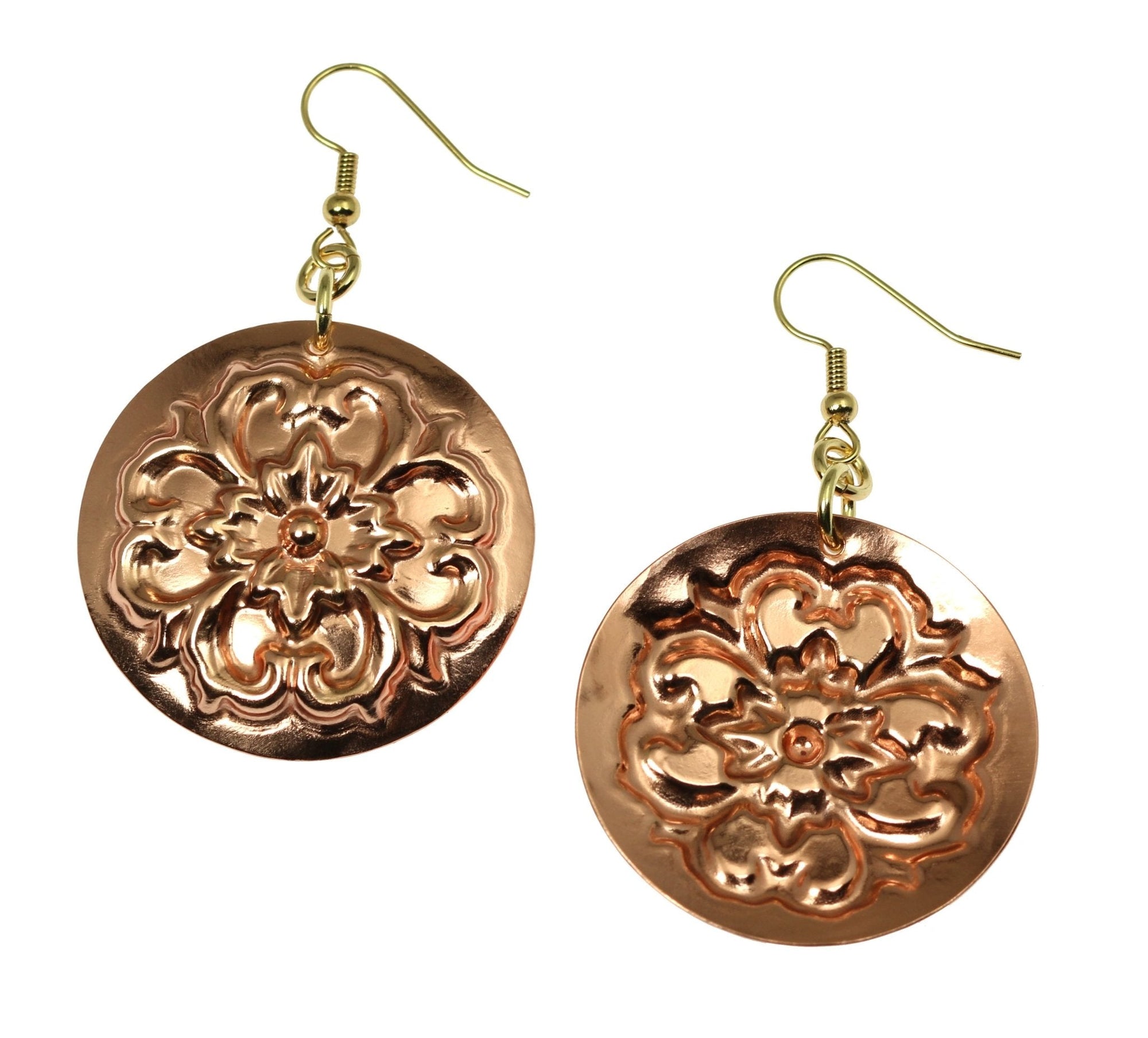 Front and Back Views of Copper Forget Me Not Disc Earrings