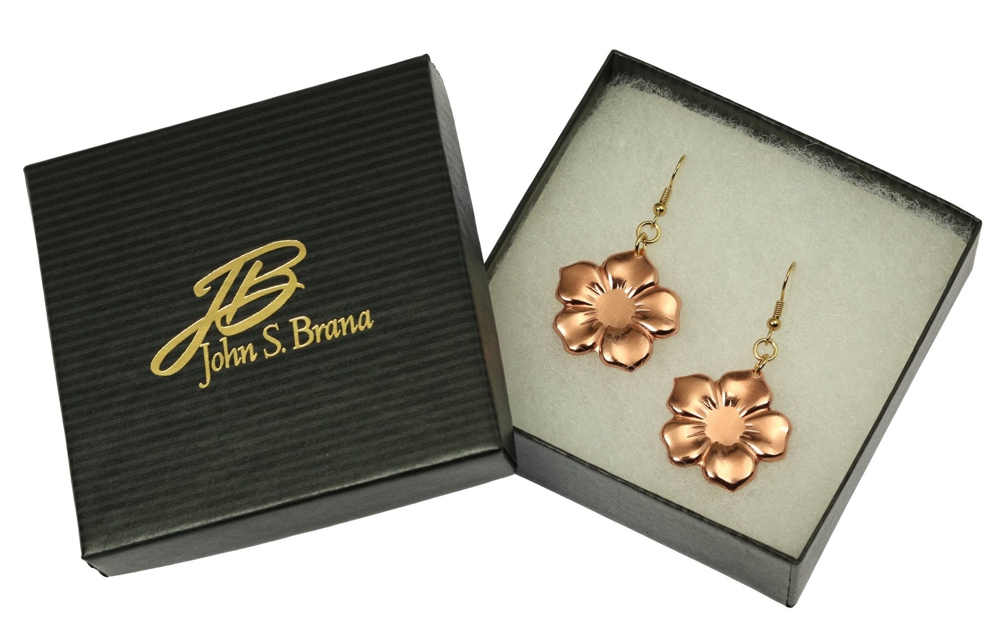 Copper Forget Me Not Flower Earrings in Black Gift Box