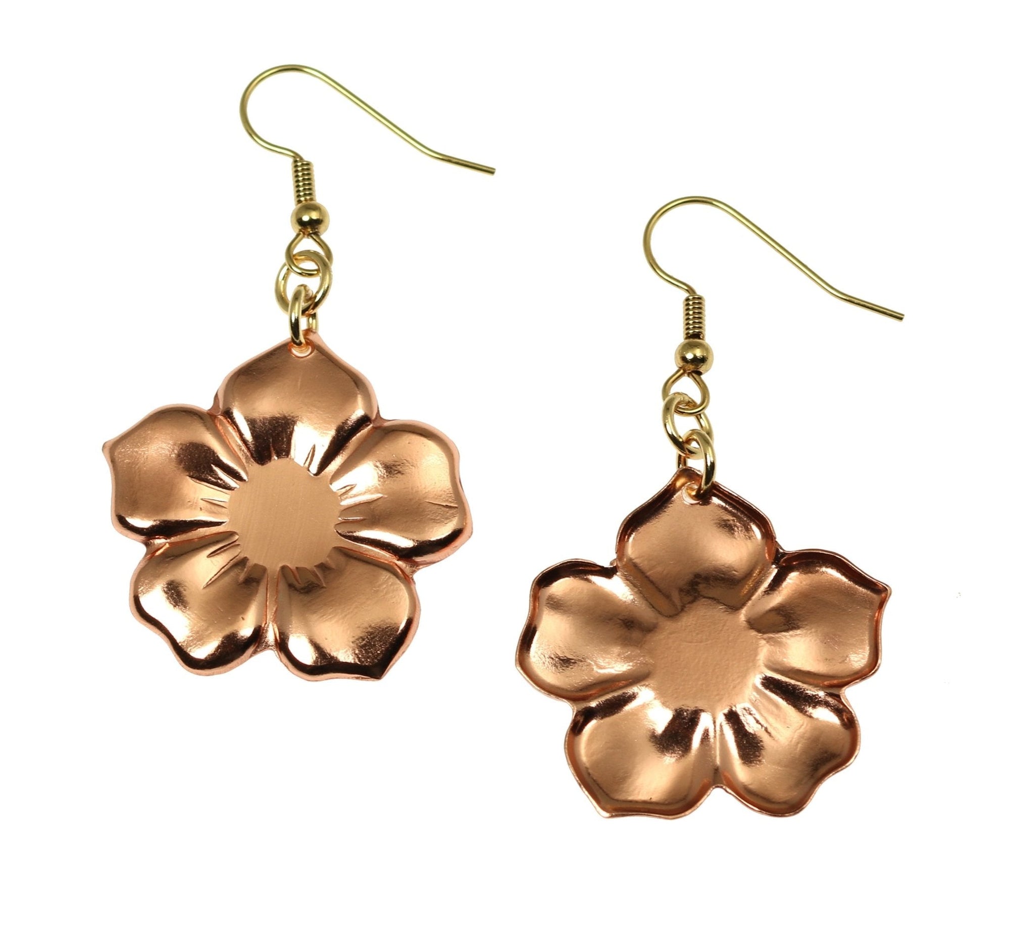 Front and Back Views of Copper Forget Me Not Flower Earrings