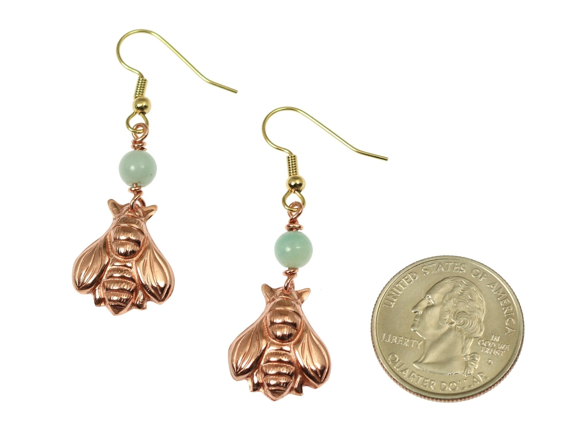 Size of Copper Honey Bee Drop Earrings With Amazonite compared with a US Quarter Coin