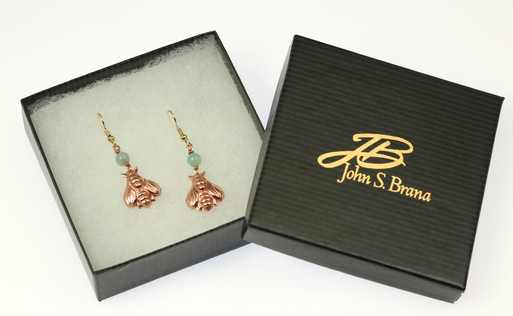 Gift Boxed Copper Honey Bee Drop Earrings With Amazonite