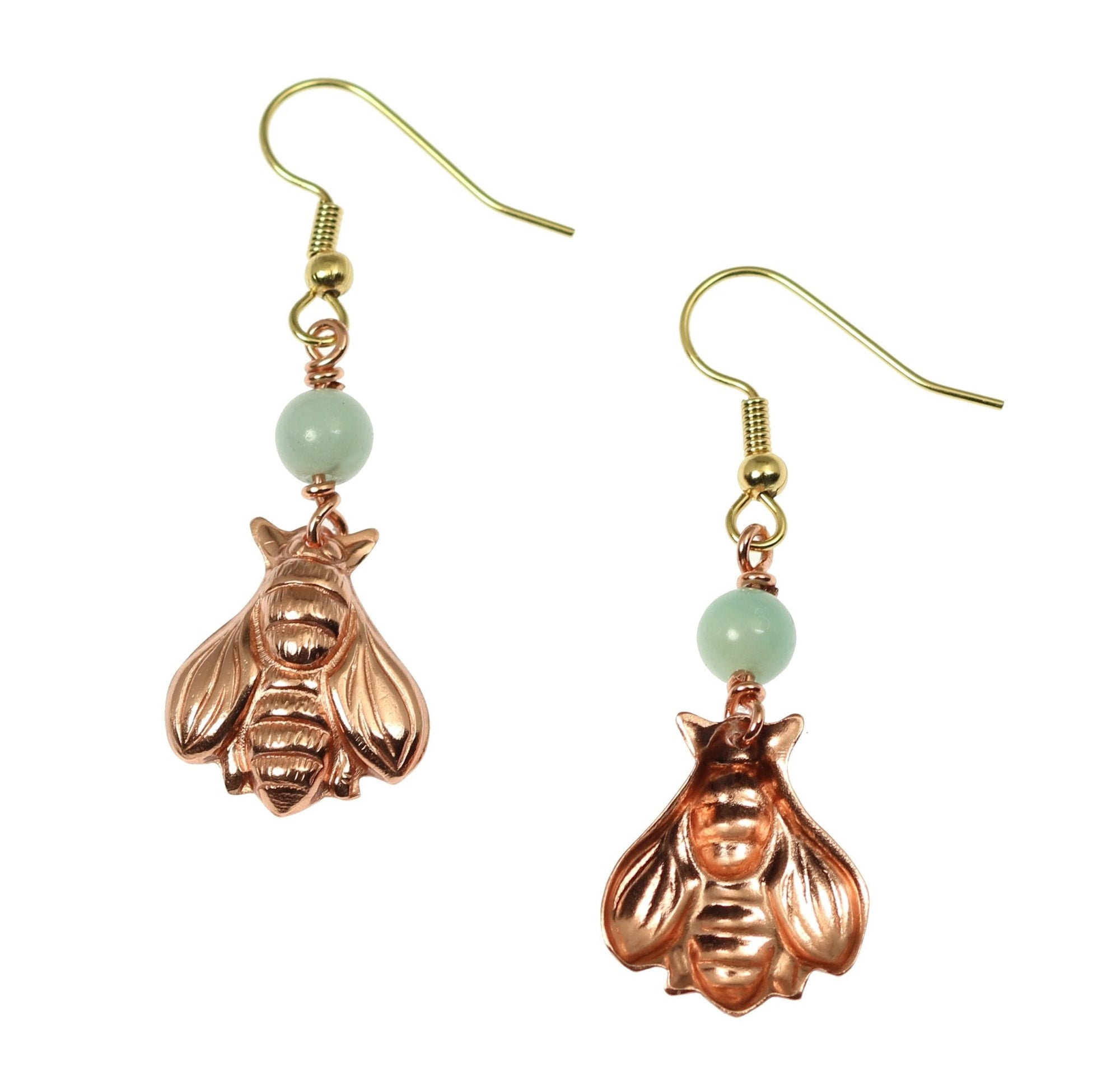 Front and Back Views of Copper Honey Bee Drop Earrings With Amazonite
