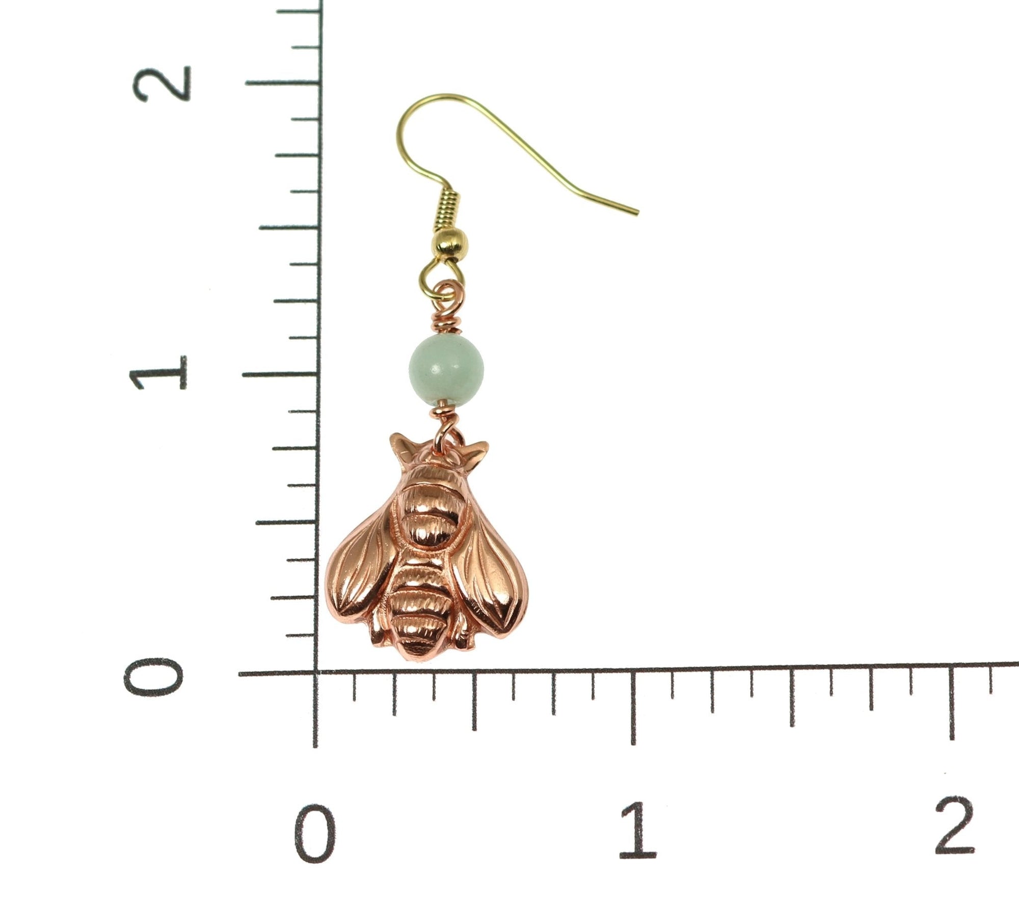 Scale of Copper Honey Bee Drop Earrings With Amazonite on a Ruler for Size Dimensions