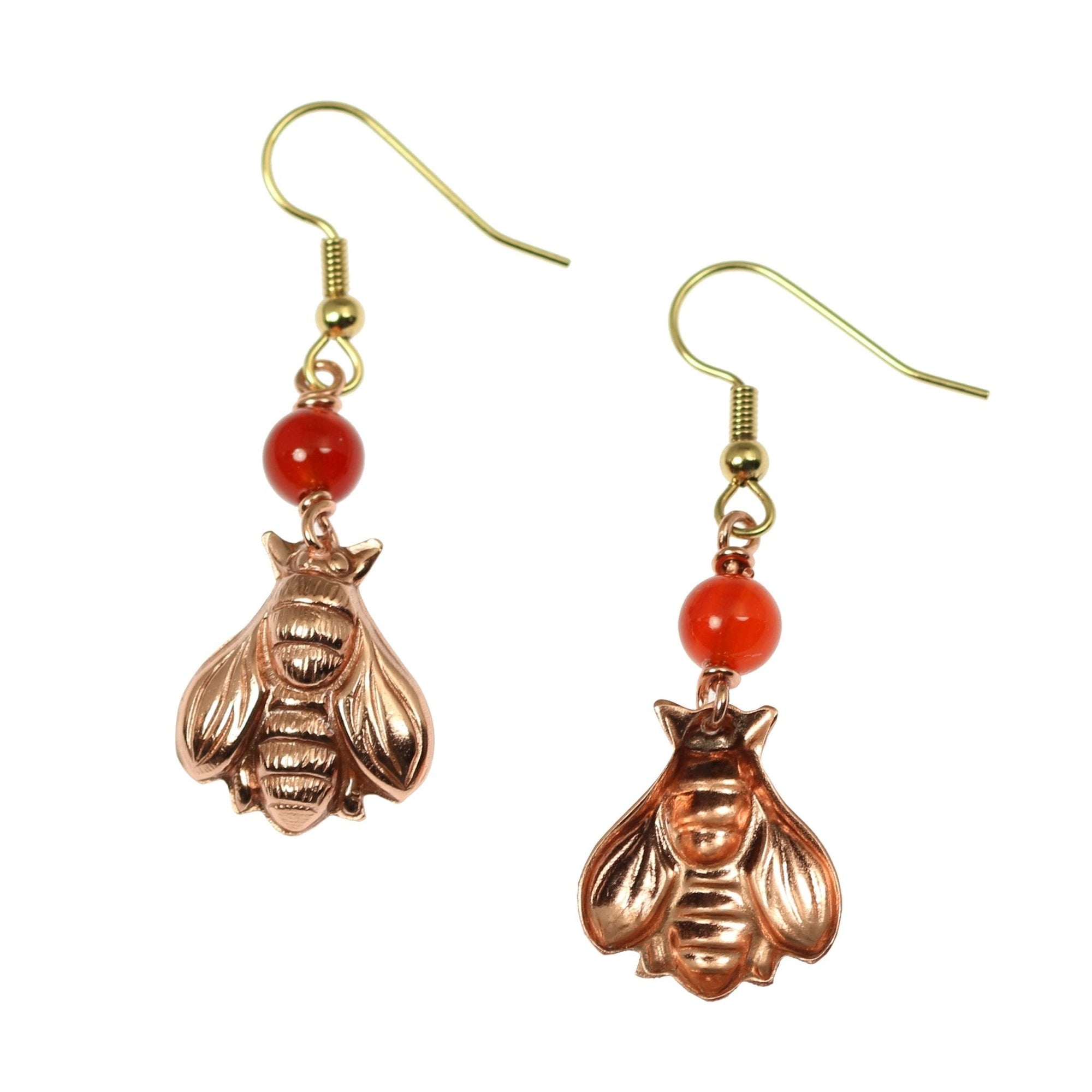 Front and Back Views of Copper Honey Bee Drop Earrings With Carnelian