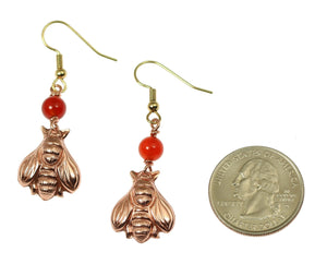 2 of 6: Size of Copper Honey Bee Drop Earrings With Carnelian compared with a US Quarter Coin