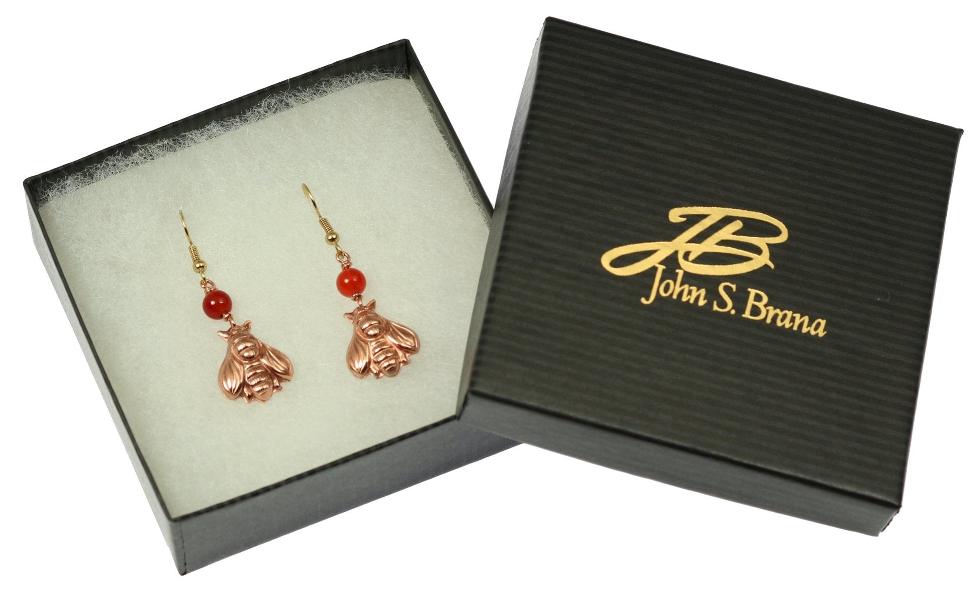 Gift Boxed Copper Honey Bee Drop Earrings With Carnelian