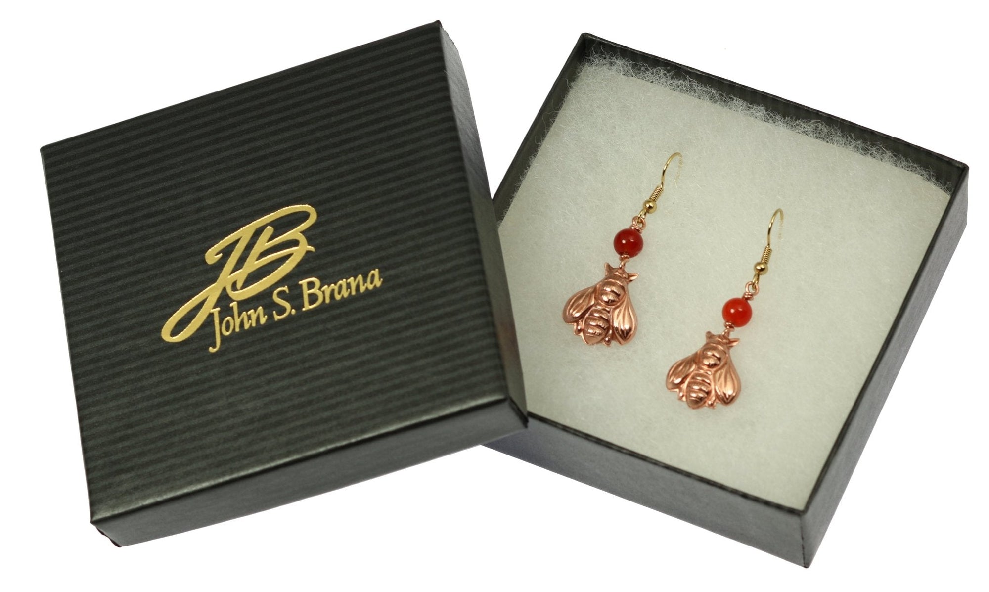 Copper Honey Bee Drop Earrings With Carnelian in Gift Box